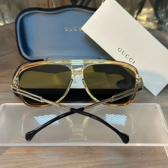 New! GUCCI Men’s Aviators Orange-Brown-Silver Sunglasses - Picture 3 of 7